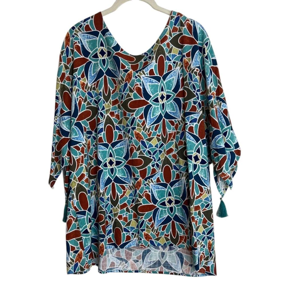 JM Collection Tunic Top Split Sleeve Tassel XXL Multicolor Rayon Linen Floral